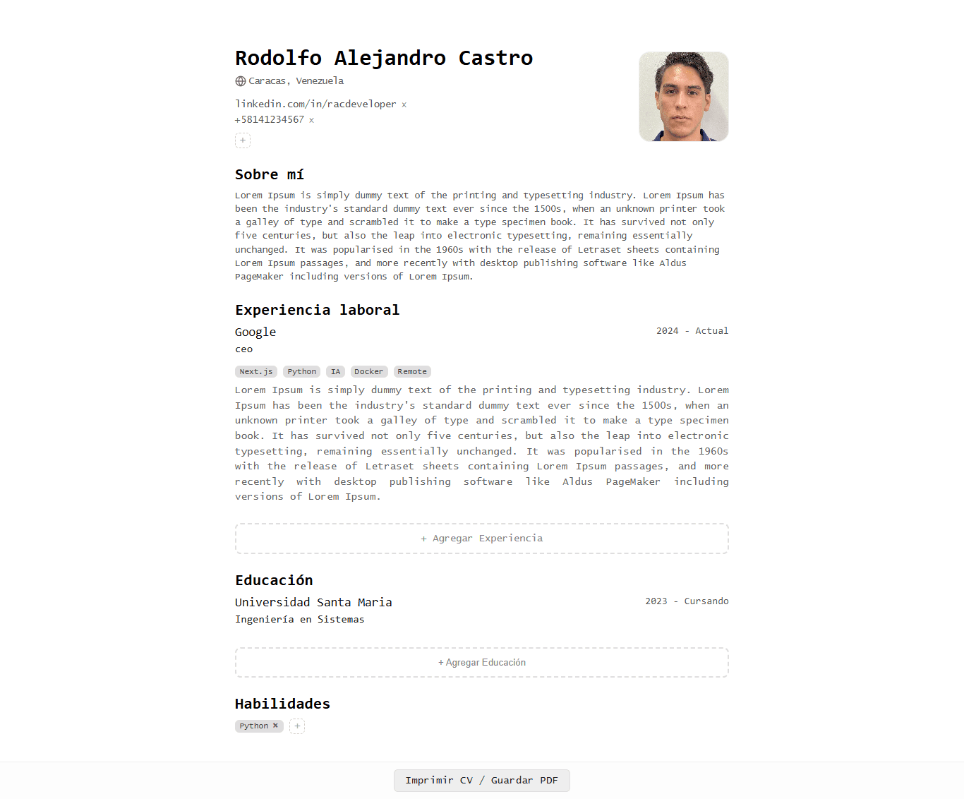 Vista del proyecto Template de CV con Astro